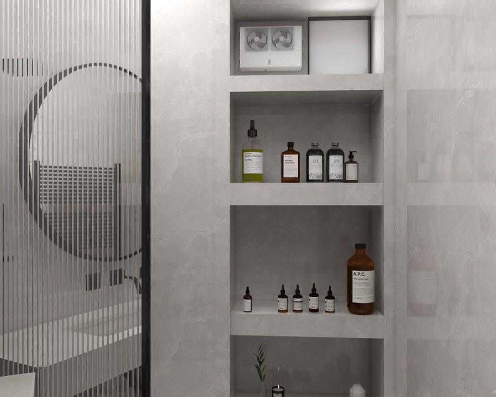 Plan 3d, salle de bain en béton ciré, architecte d'intérieur